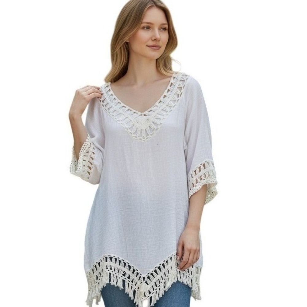 VENUS‎ Made in Italy White Crochet Lace Cotton V Neck Tunic Cover Up Boho L